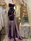 Charming Purple Heavy Strap Floral Lace Mermaid Prom Dress HZ1022