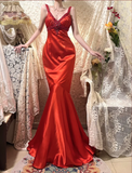 Elegant Red Rose Satin V-neck Beaded Long Prom Dress HZ1022