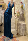 Vintage Blue Halter Neck V-Neck Beaded Satin Prom Dress HZ1022