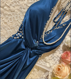 Vintage Blue Halter Neck V-Neck Beaded Satin Prom Dress HZ1022