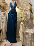 Vintage Blue Halter Neck V-Neck Beaded Satin Prom Dress HZ1022