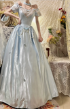 Princess Blue Satin 3D Rose Beaded A-Line Prom Dress HZ1022