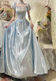 Princess Blue Satin 3D Rose Beaded A-Line Prom Dress HZ1022