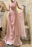 Elegant Pink Off-shoulder 3D Flower Pleated Chiffon Long Prom Dress HZ1022