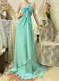 Elegant Lake Green One Shoulder Chiffon Off Shoulder Long Prom Dress HZ1022