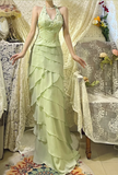 Fresh Green Halter Neck Beaded Layered Chiffon Prom Dress HZ1022