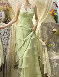 Fresh Green Halter Neck Beaded Layered Chiffon Prom Dress HZ1022