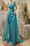 Vintage Lake Blue Design Neckline Beaded Satin Prom Dress HZ1022