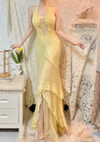 Elegant Yellow Halter Neck Bias Chiffon Lace Trim Prom Dress HZ1022