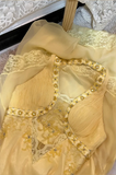 Elegant Yellow Halter Neck Bias Chiffon Lace Trim Prom Dress HZ1022