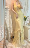 Elegant Yellow Halter Neck Bias Chiffon Lace Trim Prom Dress HZ1022