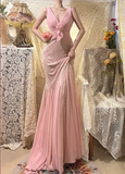 Elegant Pink Strap V-neck Chiffon Lace Rose Prom Dress HZ1022