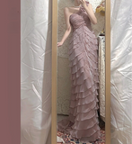 Tender Pink One Shoulder 3D Flower Chiffon Layered Mermaid Prom Dress HZ1022