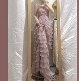 Tender Pink One Shoulder 3D Flower Chiffon Layered Mermaid Prom Dress HZ1022
