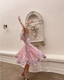 Princess Print Short Sleeve Pink Tulle A-Line Birthday Skirt Homecoming Dress HZ1022