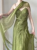 Flowy Green Strapless Pleated Satin Chiffon Long Prom Dress HZ1022