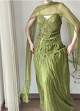 Flowy Green Strapless Pleated Satin Chiffon Long Prom Dress HZ1022