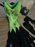 Vintage Green Beaded V Neck Jellyfish Skirt Long Prom Dress HZ1022