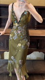 Vintage Emerald Deep V Neck Beaded Satin Lace Elegant Prom Dress HZ1022