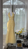 Pretty Yellow Sequin Halter Neck Backless Mermaid Prom Dress HZ1022