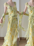 Light Yellow And Green V-neck Ruffled Chiffon Prom Dress HZ1022