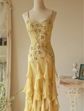 Flowy Strapless Yellow Beaded Jellyfish Skirt Chiffon Prom Dress HZ1022
