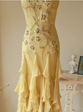 Flowy Strapless Yellow Beaded Jellyfish Skirt Chiffon Prom Dress HZ1022