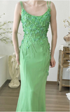 Stunning Green Strappy Flower Beaded Mermaid Chiffon Prom Dress HZ1022