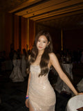Elegant Strapless Herringbone Shiny High Slit Long Prom Dress HZ1022