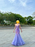 Stunning Purple Strappy V-Neck Printed Tulle Mermaid Prom Dress HZ1022