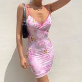 Sexy Mesh Pink V-neck Suspender Print Birthday Short Skirt Homecoming Dress HZ1022