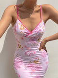 Sexy Mesh Pink V-neck Suspender Print Birthday Short Skirt Homecoming Dress HZ1022