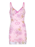 Sexy Mesh Pink V-neck Suspender Print Birthday Short Skirt Homecoming Dress HZ1022