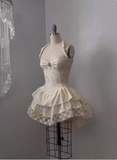 Vintage Jacquard Halter Neck Lace Trim Mini Birthday Skirt Homecoming Dress HZ1022