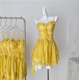 Beautiful Yellow Suspender Flower Irregular Ruffle Chiffon 17th Birthday Short Skirt Homecoming Dress HZ1022