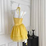 Beautiful Yellow Suspender Flower Irregular Ruffle Chiffon 17th Birthday Short Skirt Homecoming Dress HZ1022