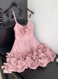 Sweet Suspender Pleated Three-dimensional Flower Ruffle Pink Birthday Skirt Homecoming Dress HZ1022