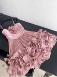 Sweet Suspender Pleated Three-dimensional Flower Ruffle Pink Birthday Skirt Homecoming Dress HZ1022