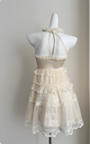 Sweet Three-dimensional Flower Halter Neck Strap Sleeveless Lace Splicing Mesh Cake Birthday Skirt Homecoming Dress HZ1022