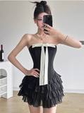 Sweet Black Tube Top Bowknot Herringbone Cake Skirt Homecoming Dress HZ1022