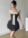 Sweet Black Tube Top Bowknot Herringbone Cake Skirt Homecoming Dress HZ1022