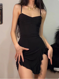 Irregular Slit Black Sling Waist Hip Birthday Short Skirt Homecoming Dress HZ1022
