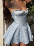 French Jacquard Texture Blue Strappy Waist 17th Birthday Homecoming Dress HZ1022