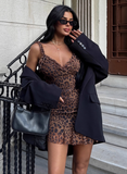 Sexy Hot Girl Ear Lace Leopard Print Low-cut V-neck Birthday Skirt Homecoming Dress HZ1022