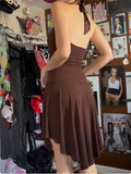 Irregular Halter Neck V-neck Brown Waisted Birthday Short Skirt Homecoming Dress HZ1022