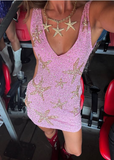 Sexy V-neck Starfish Sequins Pink Waisted Birthday Short Skirt Homecoming Dress HZ1022