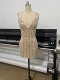 Sexy Rhinestone Mesh Deep V Strap Homecoming Dress HZ1022