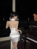 Elegant Satin Backless Halter Neck White Slim Fit Birthday Short Skirt Homecoming Dress HZ1022