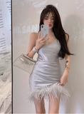 Sweet Strapless V-Neck Satin Feather 17th Birthday Homecoming Dress HZ1022
