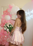 Sweet Satin Tube Top Herringbone Pink Dark Pattern A-line 17th Birthday Homecoming Dress HZ1022